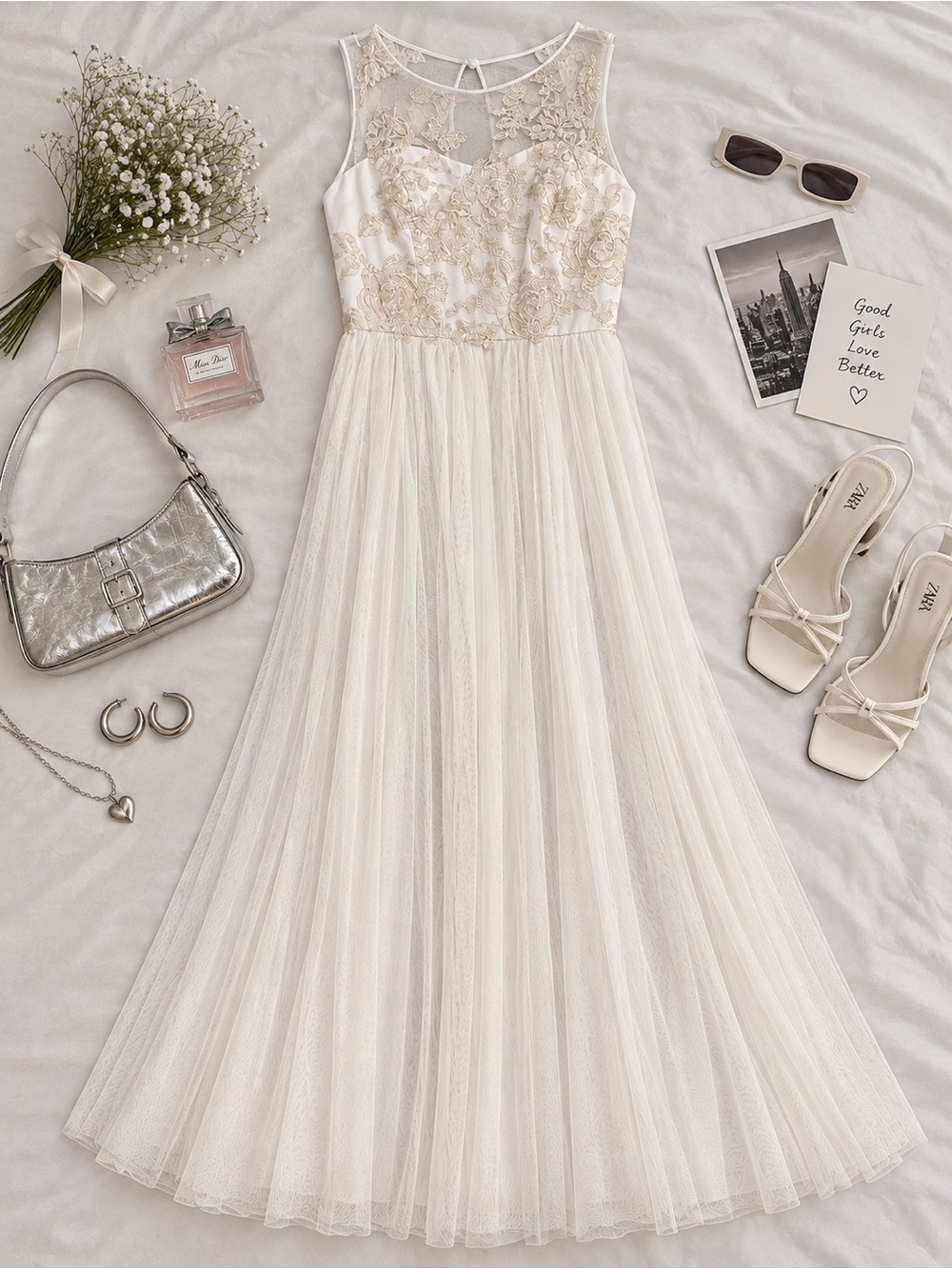 David's Bridal Ivory Gold Floral Embroidered Tulle Maxi Wedding Dress SIZE 2